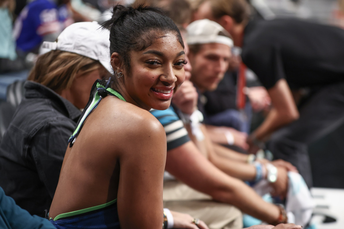 Oct 20, 2024; Brooklyn, New York, USA; Chicago Sky forward Angel Reese attends game five of the 2024 WNBA Finals at Barclays Center. Mandatory Credit: Wendell Cruz-Imagn Images