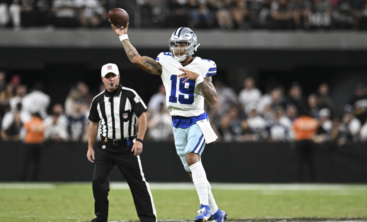 Dallas Cowboys quarterback Trey Lance throws a pass against the Las Vegas Raiders.