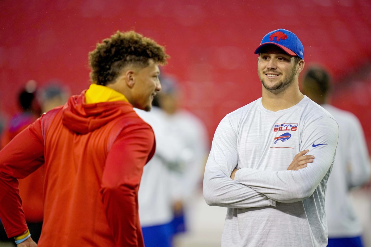 Buffalo Bills quarterback Josh Allen talks with Kansas City Chiefs quarterback Patrick Mahomes.