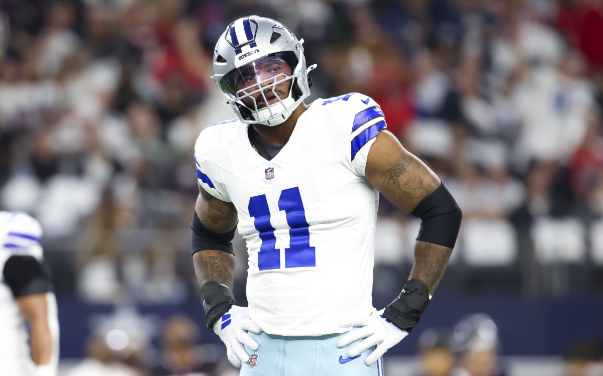 Dallas Cowboys linebacker Micah Parsons looks on against the Houston Texans.