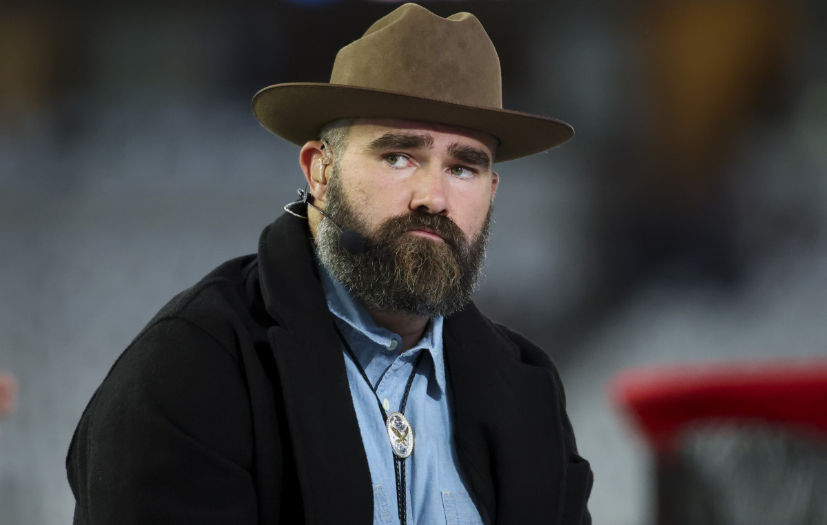 ESPN personality and former Philadelphia Eagles center Jason Kelce on set before the game between the Dallas Cowboys and Houston Texans at AT&T Stadium. Mandatory Credit: Kevin Jairaj-Imagn Images