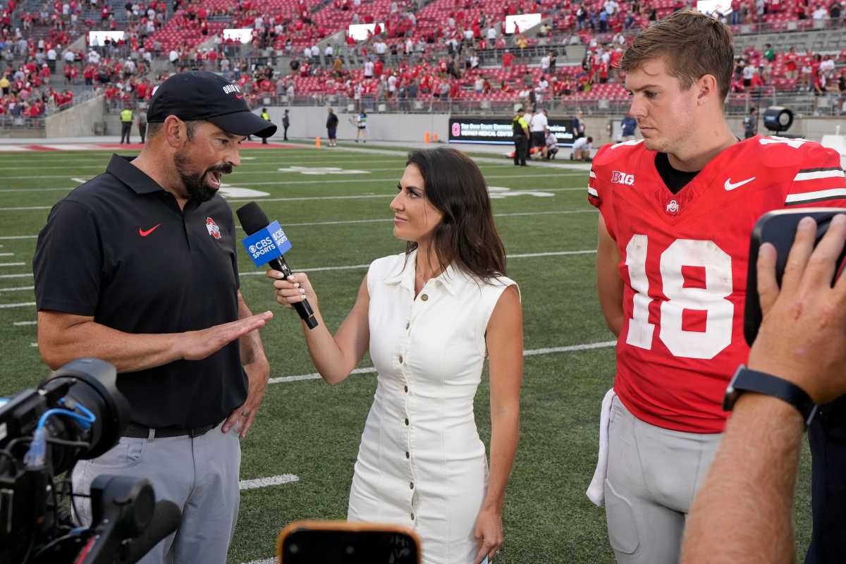 August 31, 2024; Columbus, Ohio, USA; Ohio State Buckeyes head coach Ryan Day and Ohio State Buckeyes quarterback Will Howard (18) are interviewed following Saturday’s NCAA Division I football game against the Akron Zips at Ohio Stadium.  