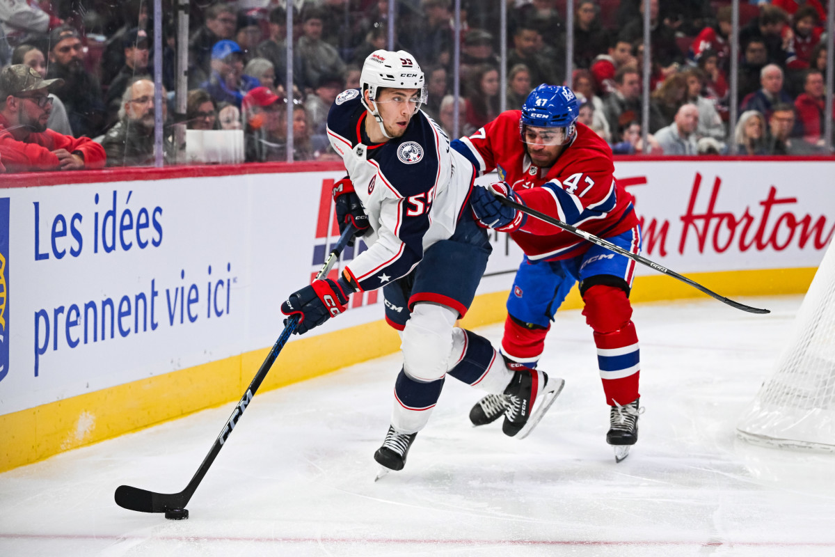 Columbus Blue Jackets defenseman David Jiricek (55) attempts to pass the puck