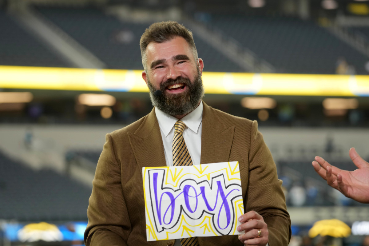 Nov 25, 2024; Inglewood, California, USA; Jason Kelce on the ESPN Monday Night Football Countdown set before the game between the Baltimore Ravens and the Los Angeles Chargers at SoFi Stadium. Mandatory Credit: Kirby Lee-Imagn Images  