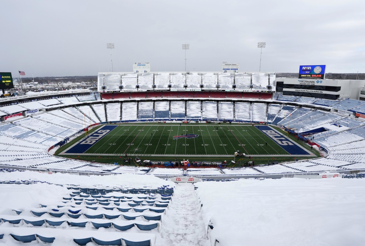 Jan 15, 2024; Orchard Park, New York, USA; A general overall view of snow at the 2024 AFC wild card game between the Pittsburgh Steelers and the Buffalo Bills at Highmark Stadium. Mandatory Credit: Kirby Lee-Imagn Images  