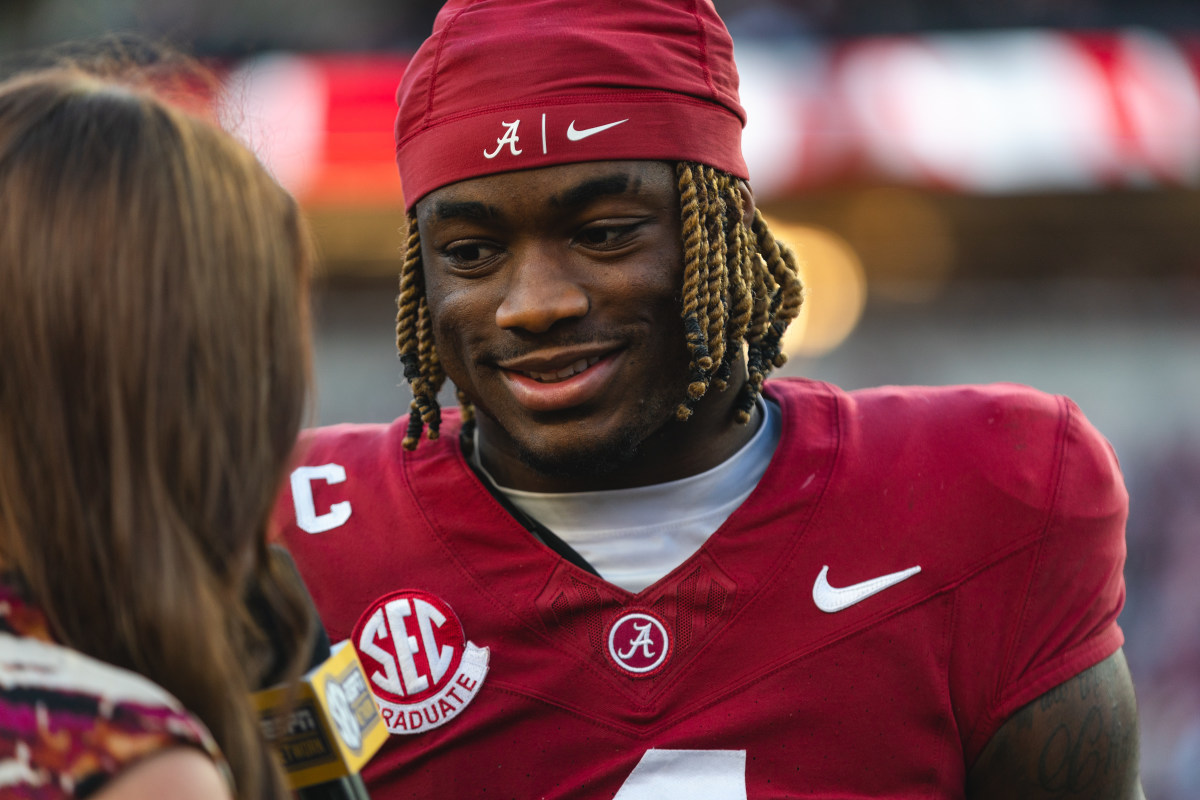 Nov 16, 2024; Tuscaloosa, Alabama, USA; Alabama Crimson Tide quarterback Jalen Milroe (4) gives a post-game interview with SEC Nation after the end of the fourth quarter at Bryant-Denny Stadium. Mandatory Credit: Will McLelland-Imagn Images  