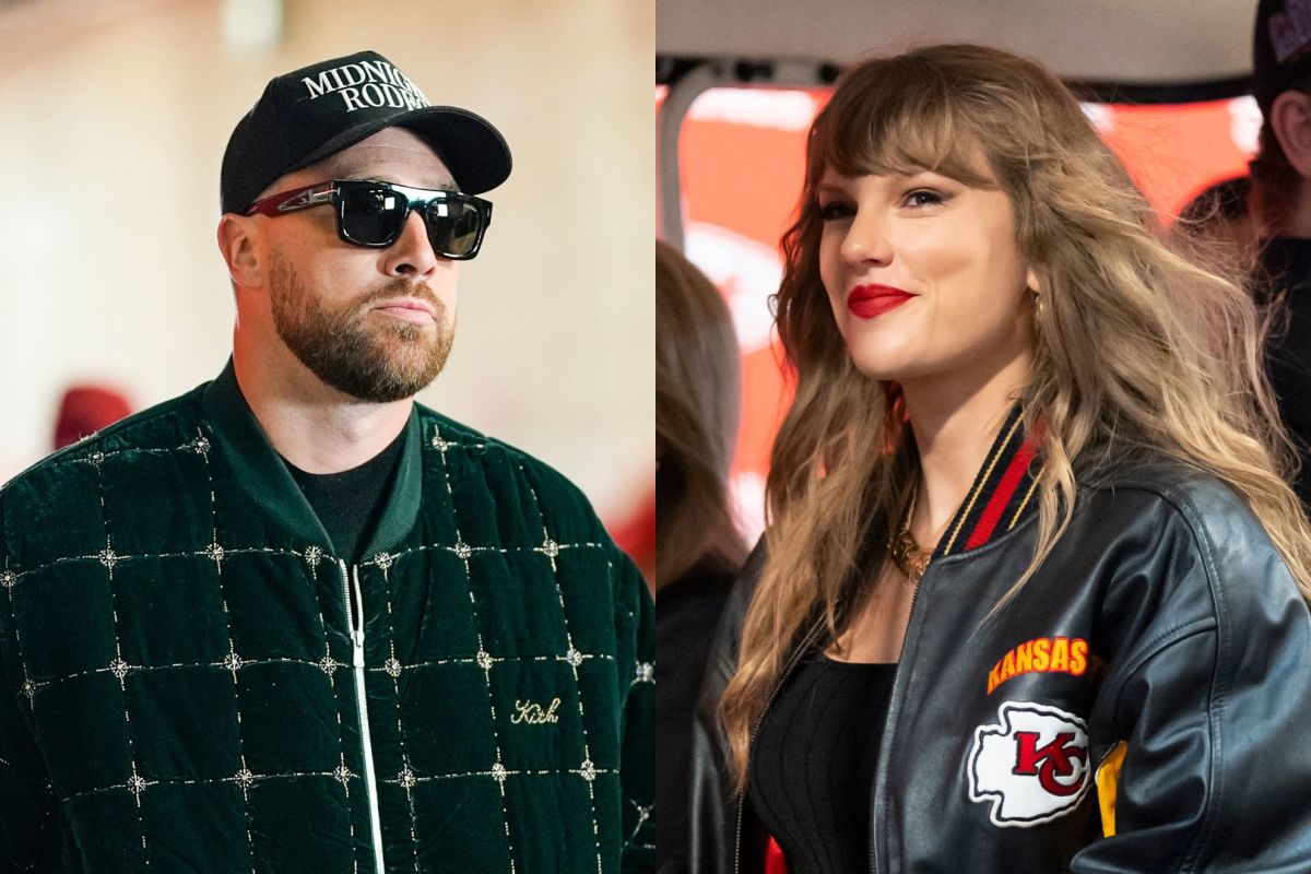 Kansas City Chiefs tight end Travis Kelce (left) and recording artist Taylor Swift (right).