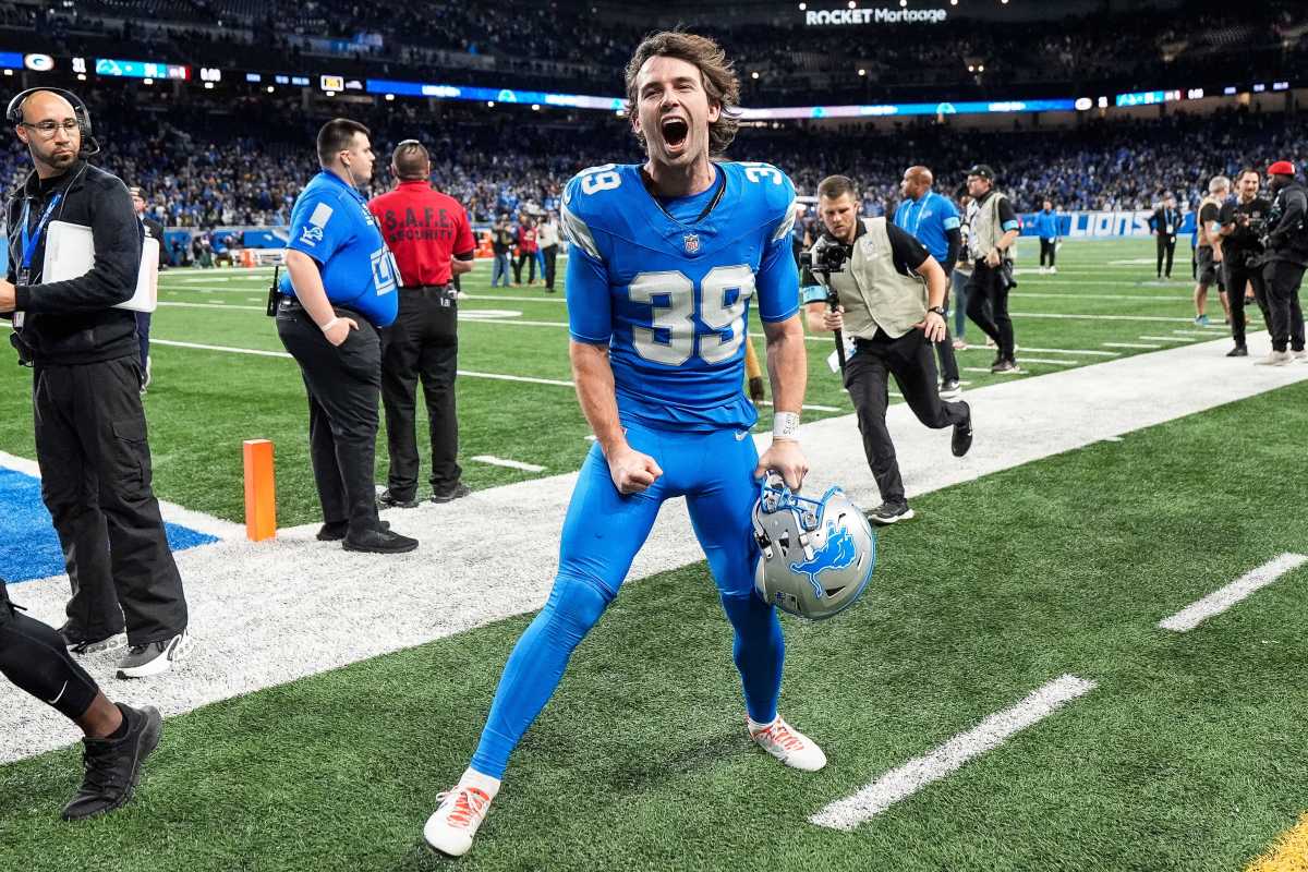 Jake Bates of the Detroit Lions celebrates after the Lions' big win vs. Green Bay.