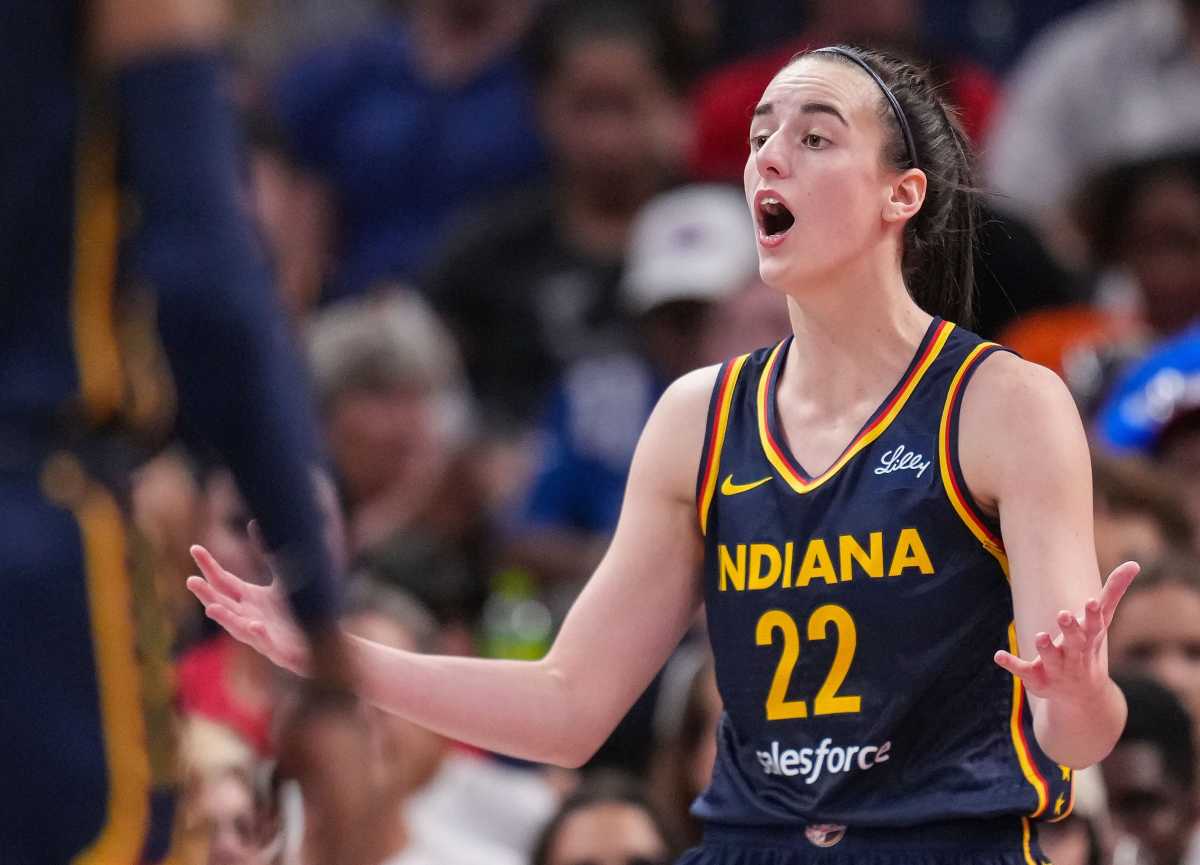 Indiana Fever guard Caitlin Clark reacts to a call at Gainbridge Fieldhouse.