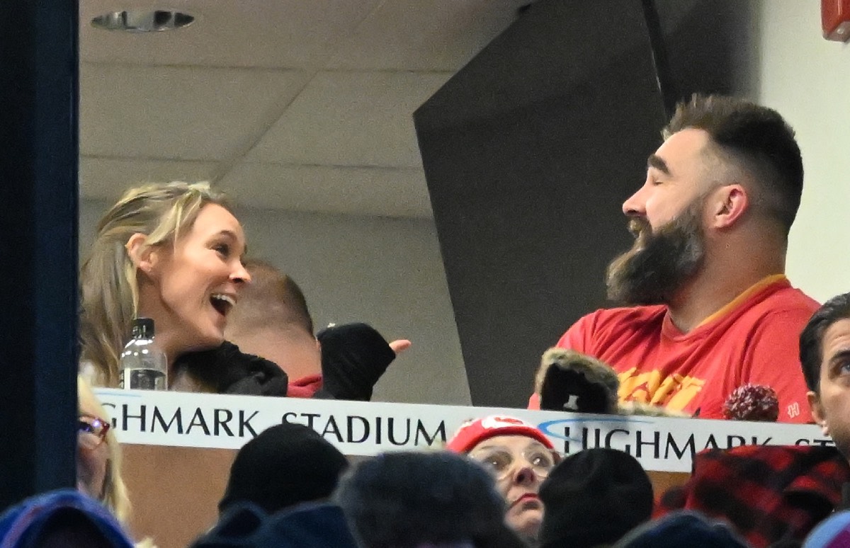 Jason Kelce and his wife, Kylie Kelce, at Highmark Stadium on January 21, 2024.