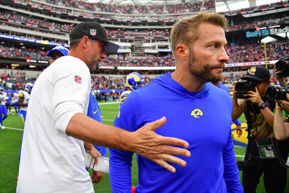 Sep 17, 2023; Inglewood, California, USA; San Francisco 49ers head coach Kyle Shanahan meets with Los Angeles Rams head coach Sean McVay following the victory at SoFi Stadium.