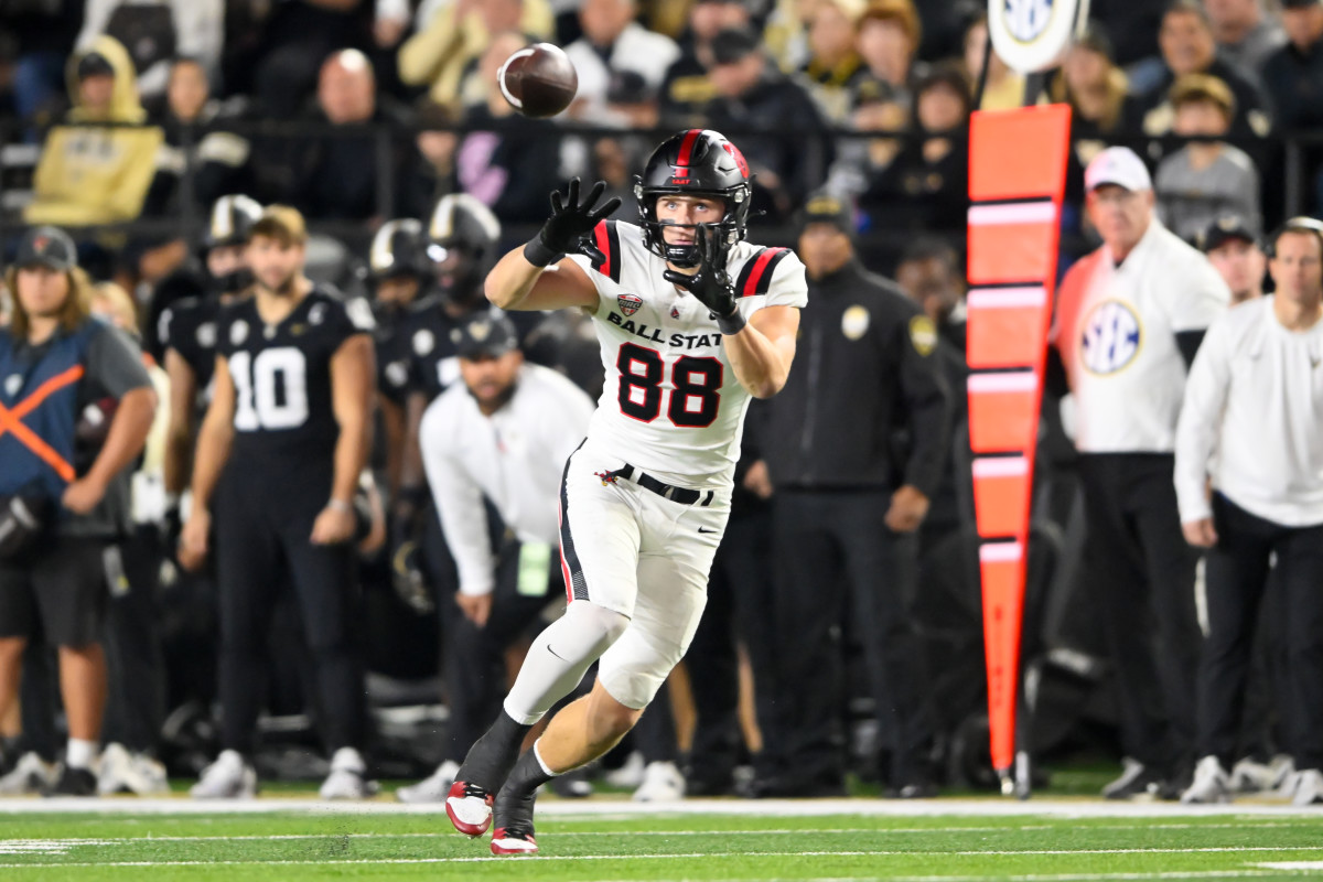 Oct 19, 2024; Nashville, Tennessee, USA; Ball State Cardinals tight end Tanner Koziol (88) makes a catch against the Vanderbilt Commodores during the second half at FirstBank Stadium. Mandatory Credit: Steve Roberts-Imagn Images  