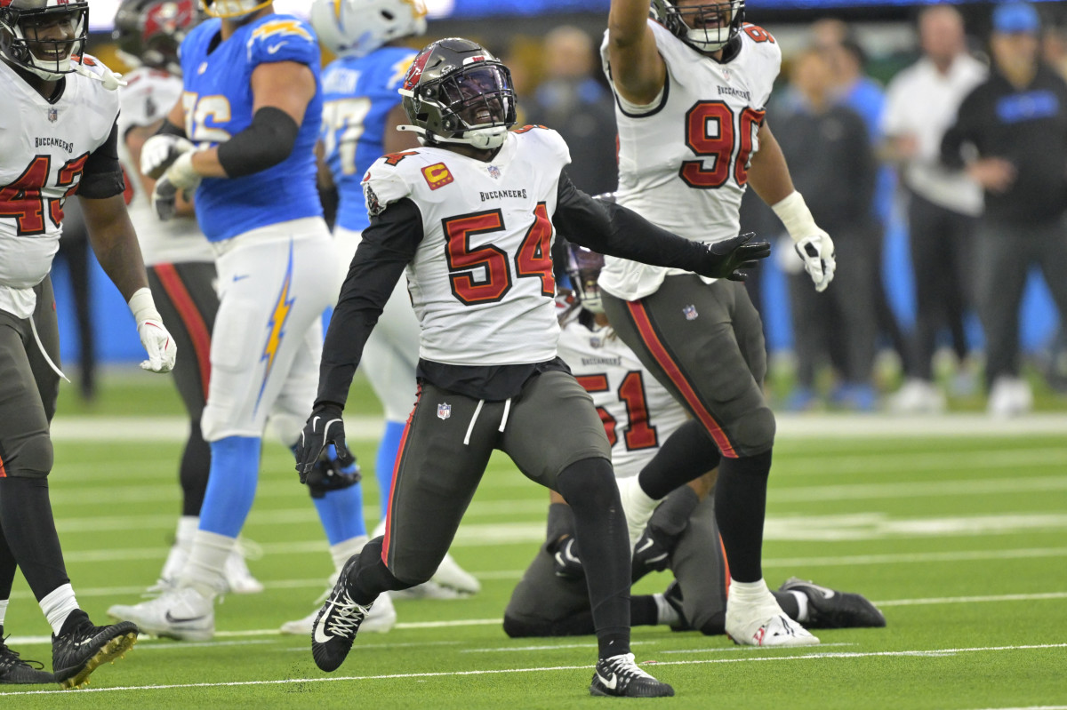 Dec 15, 2024; Inglewood, California, USA; Tampa Bay Buccaneers linebacker Lavonte David (54) celebrates after a sack of Los Angeles Chargers quarterback Justin Herbert (10) in the second half at SoFi Stadium.