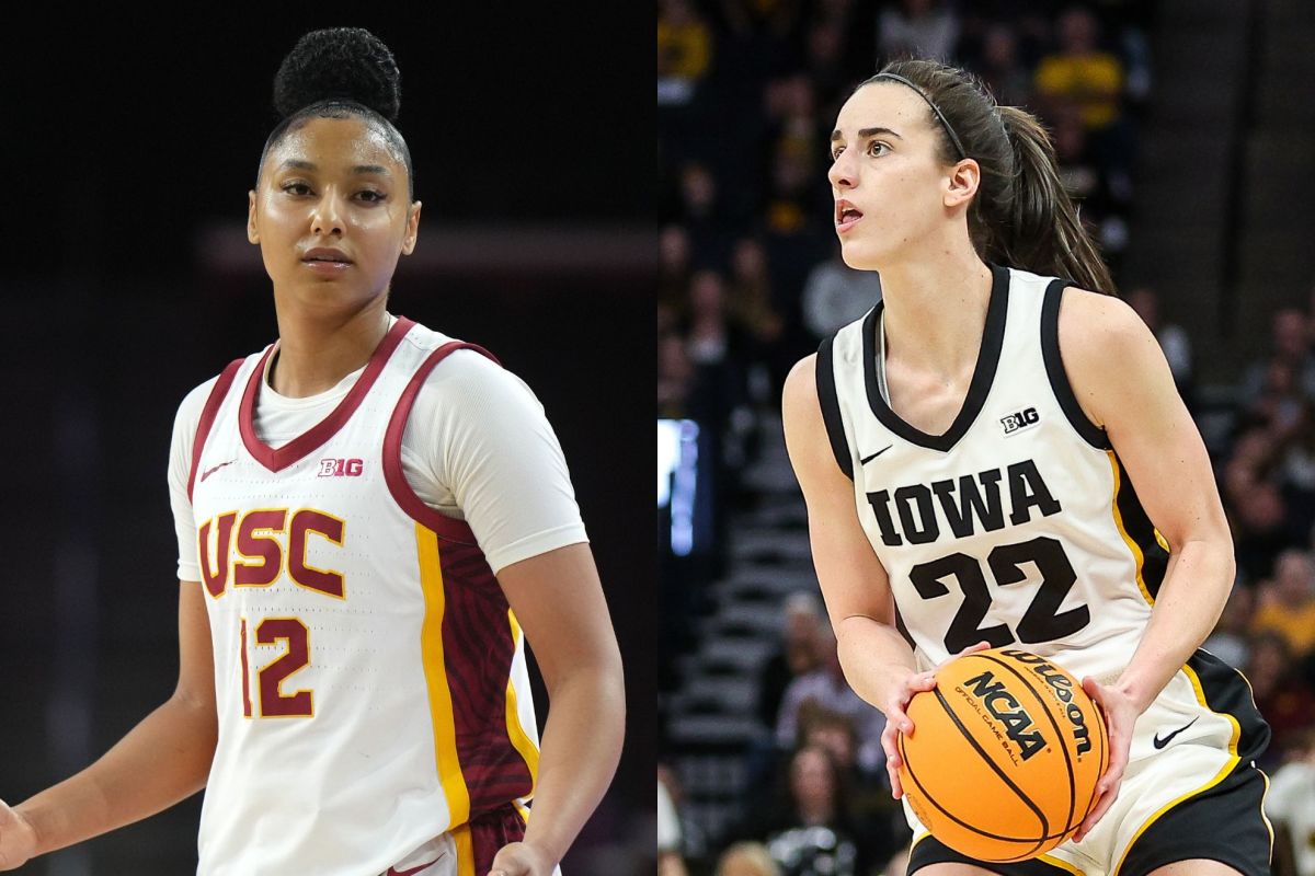 Southern California Trojans guard JuJu Watkins (left) and former Iowa Hawkeyes guard Caitlin Clark (right).