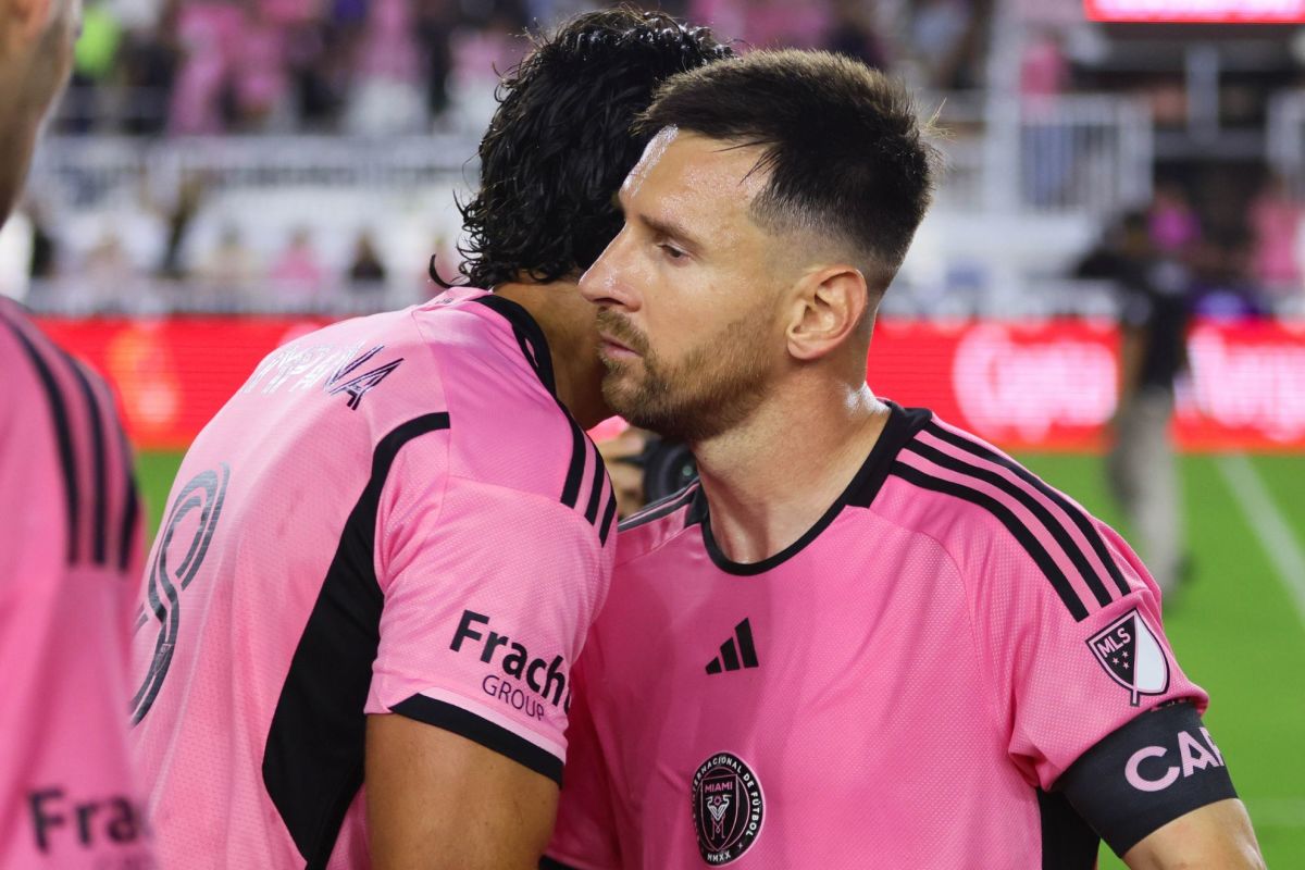 Inter Miami CF forward Lionel Messi (10) celebrates with forward Leonardo Campana (8).