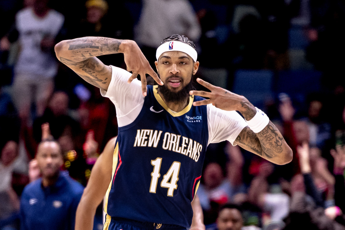 New Orleans Pelicans forward Brandon Ingram reacts after making a 3-pointer against the Phoenix Suns at Smoothie King Center on Dec. 5, 2024.