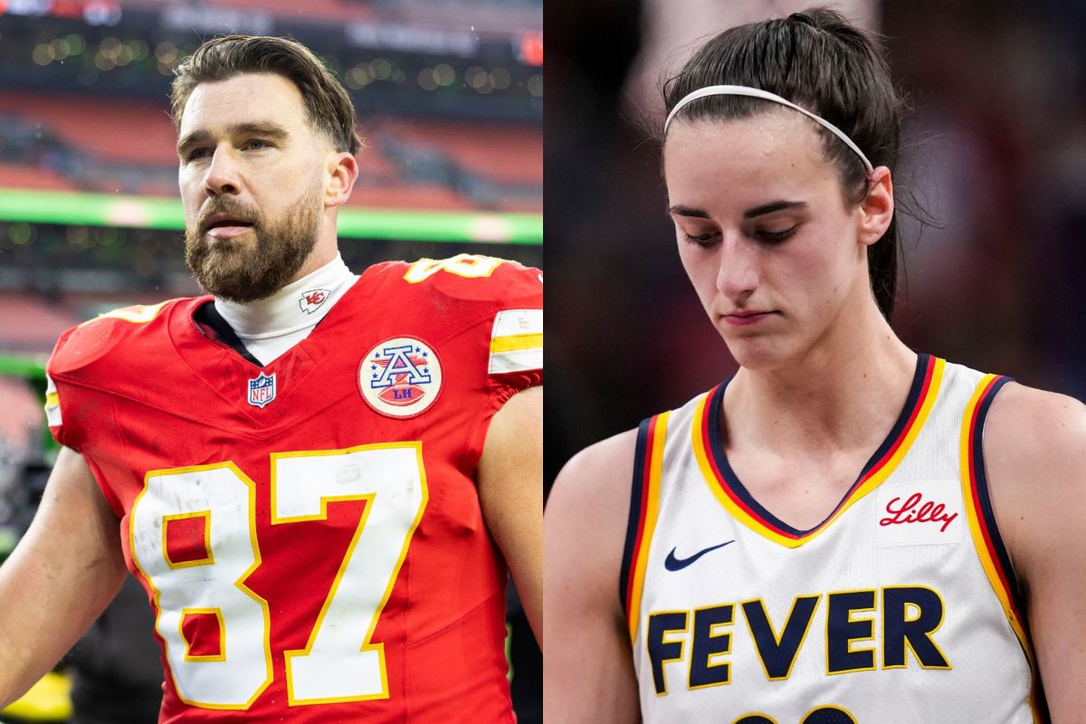 Kansas City Chiefs tight end Travis Kelce (left) and Indiana Fever guard Caitlin Clark (right).