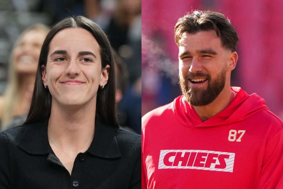 Indiana Fever player Caitlin Clark (left) and Kansas City Chiefs tight end Travis Kelce (right).