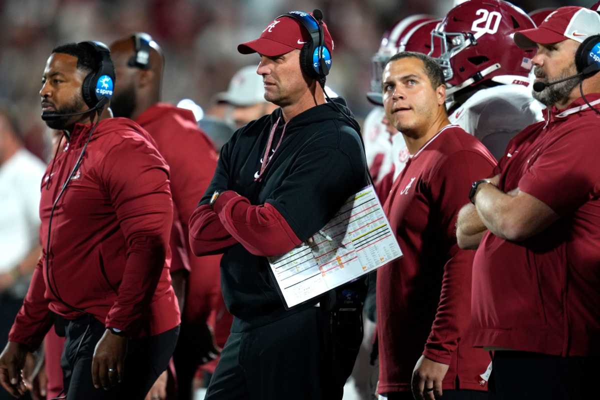 Alabama coach Kalen DeBoer watches during a college football game.