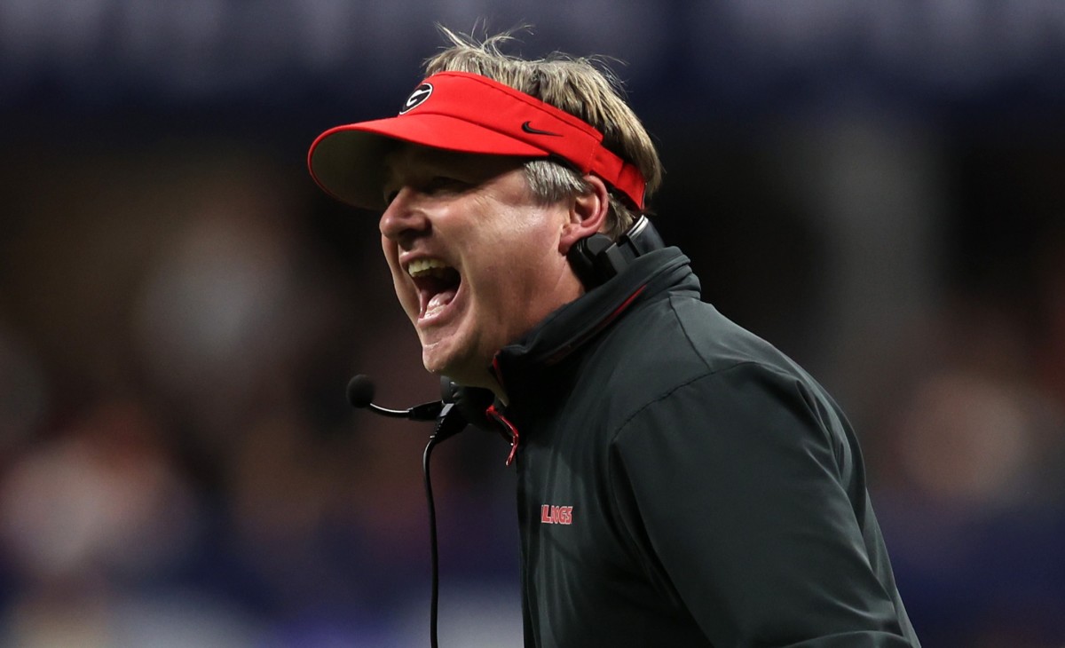 Dec 7, 2024; Atlanta, GA, USA; Georgia Bulldogs head coach Kirby Smart reacts during the second half in the 2024 SEC Championship game at Mercedes-Benz Stadium. Mandatory Credit: Brett Davis-Imagn Images