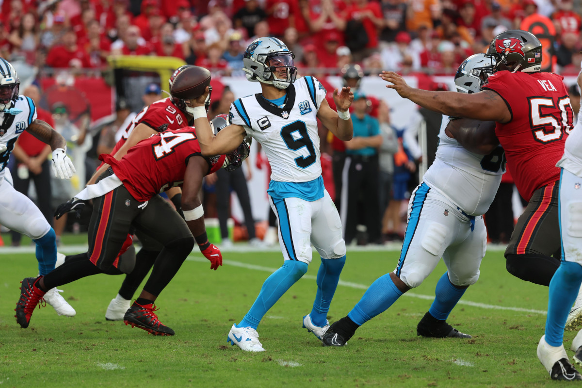 Carolina Panthers quarterback Bryce Young (9) throws the ball against the Tampa Bay Buccaneers during the second half at Raymond James Stadium.
