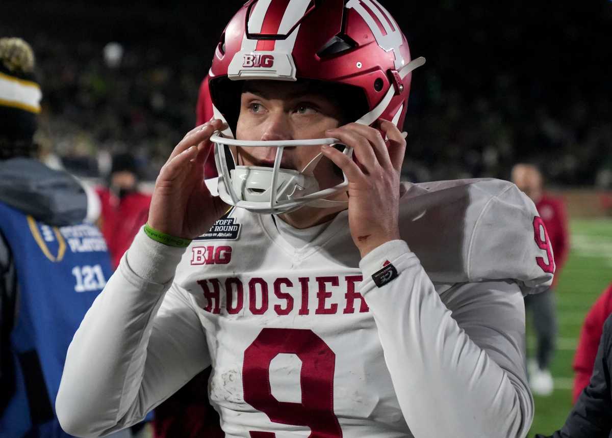 Indiana Hoosiers quarterback Kurtis Rourke (9) leaves the field after losing a game between the Indiana Hoosiers and the Notre Dame Fighting Irish in first round of the College Football Playoff on Saturday, Dec. 21, 2024, in South Bend. Notre Dame defeated Indiana 27-17.  