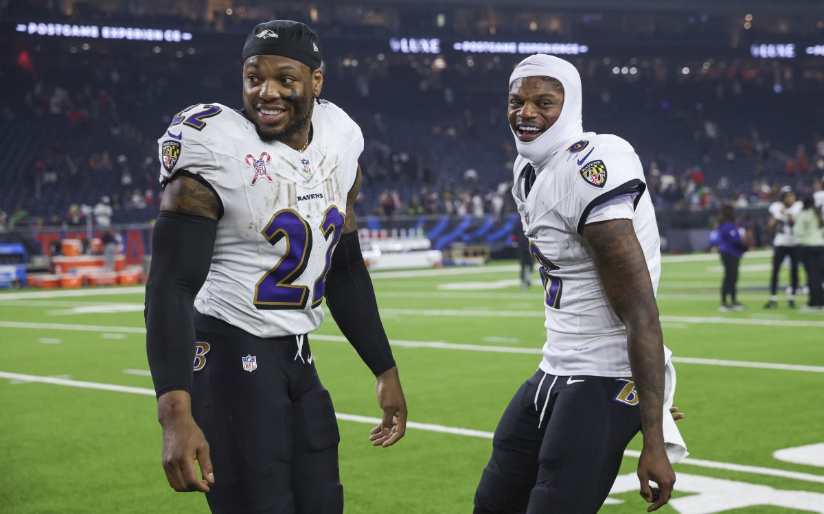 Baltimore Ravens running back Derrick Henry (left) and quarterback Lamar Jackson (right) after a game against the Houston Texans.