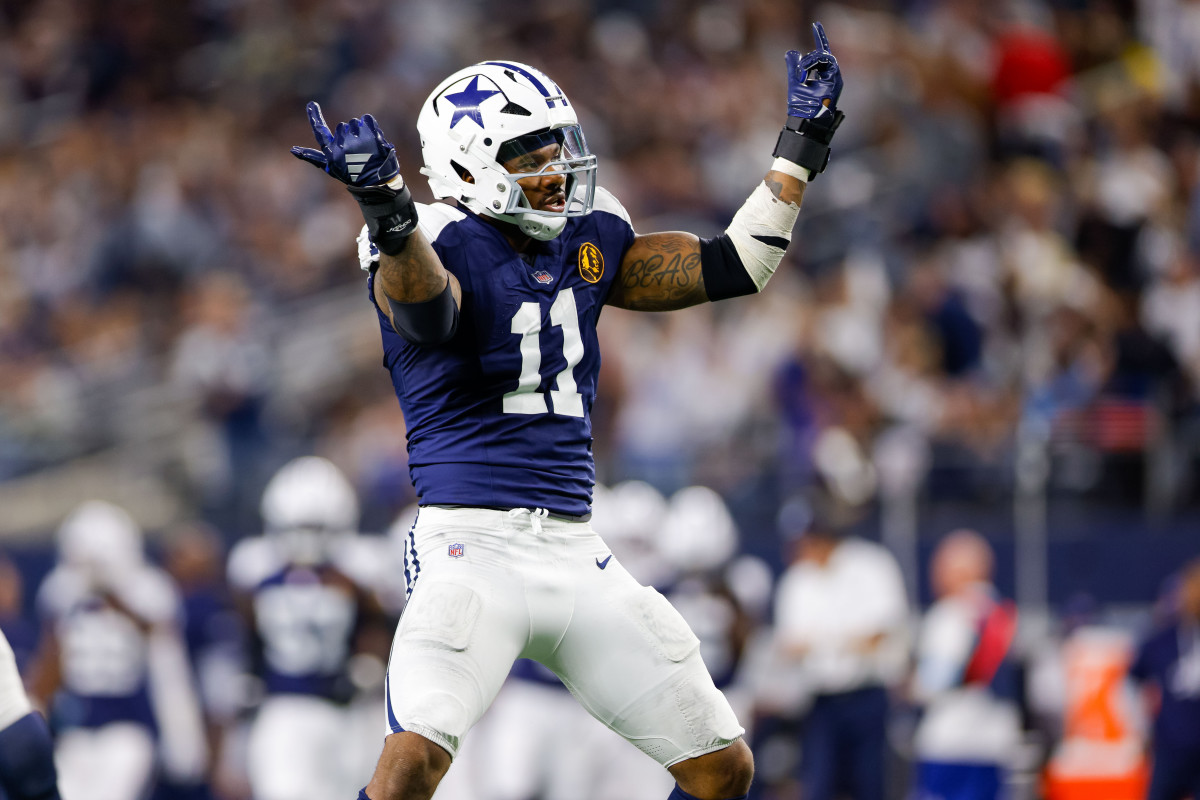 Dallas Cowboys linebacker Micah Parsons celebrates after a sack against the New York Giants.