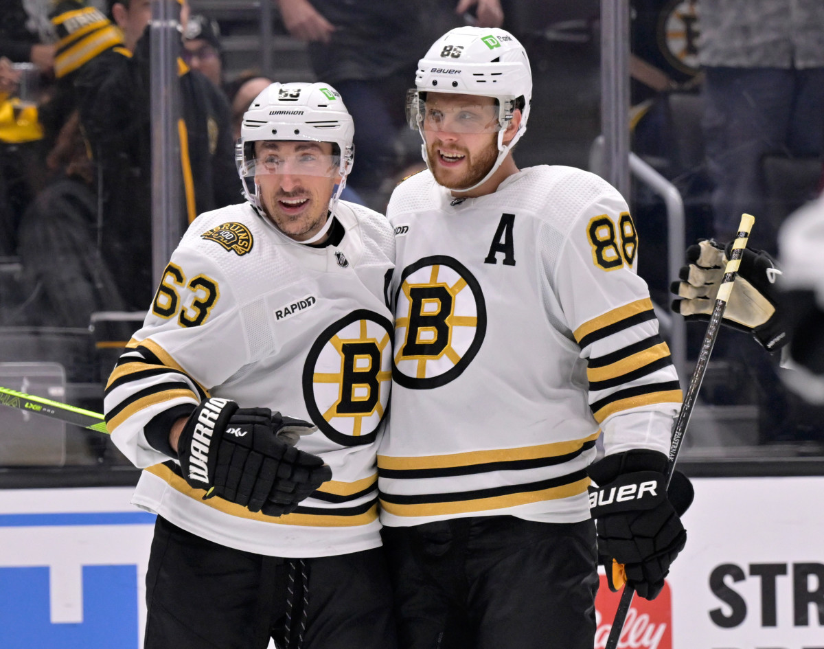 Boston Bruins left wing Brad Marchand (63) celebrates a goal with right wing David Pastrnak (88).