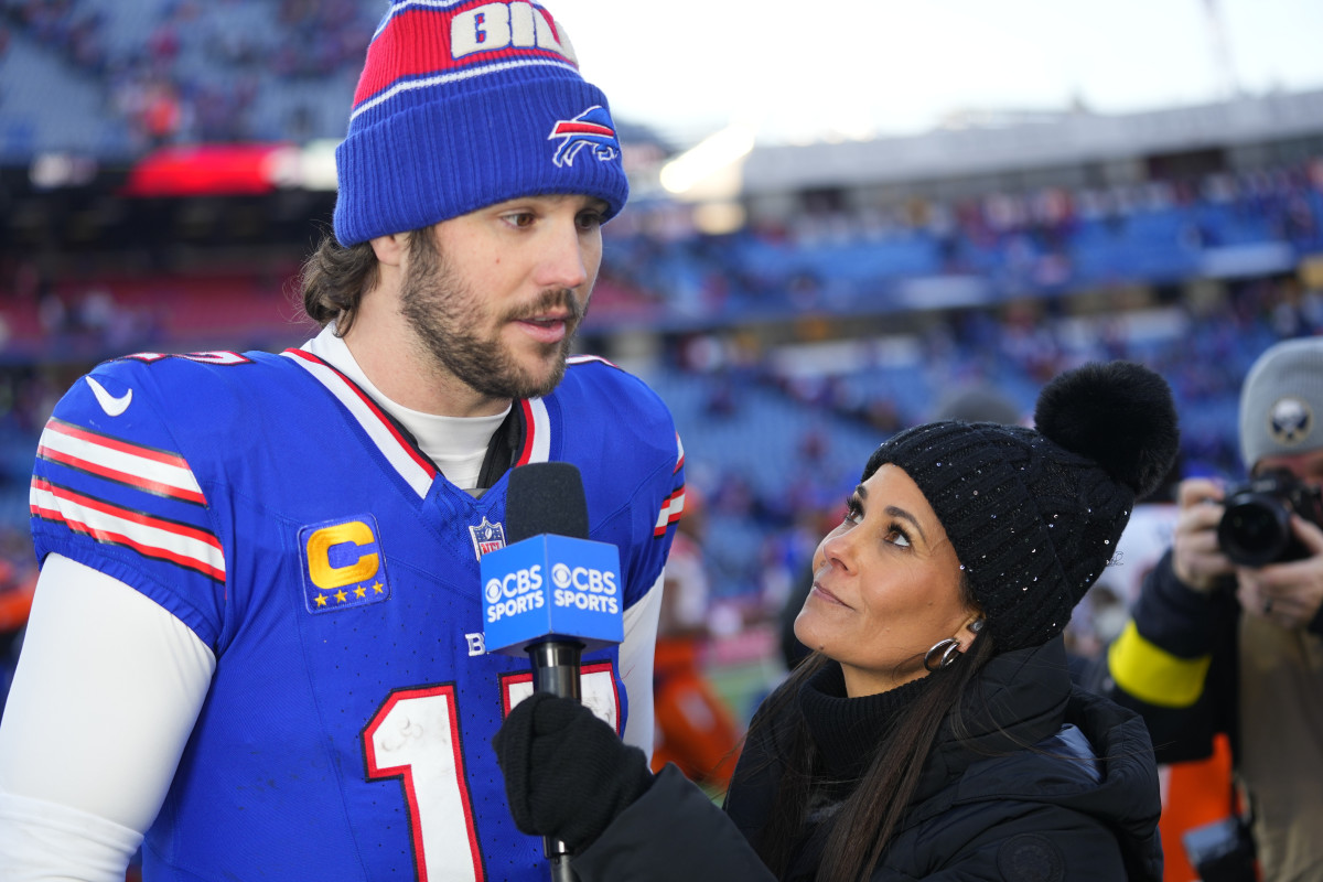 CBS Sports field reporter Tracy Wolfson interviews Buffalo Bills quarterback Josh Allen (17).