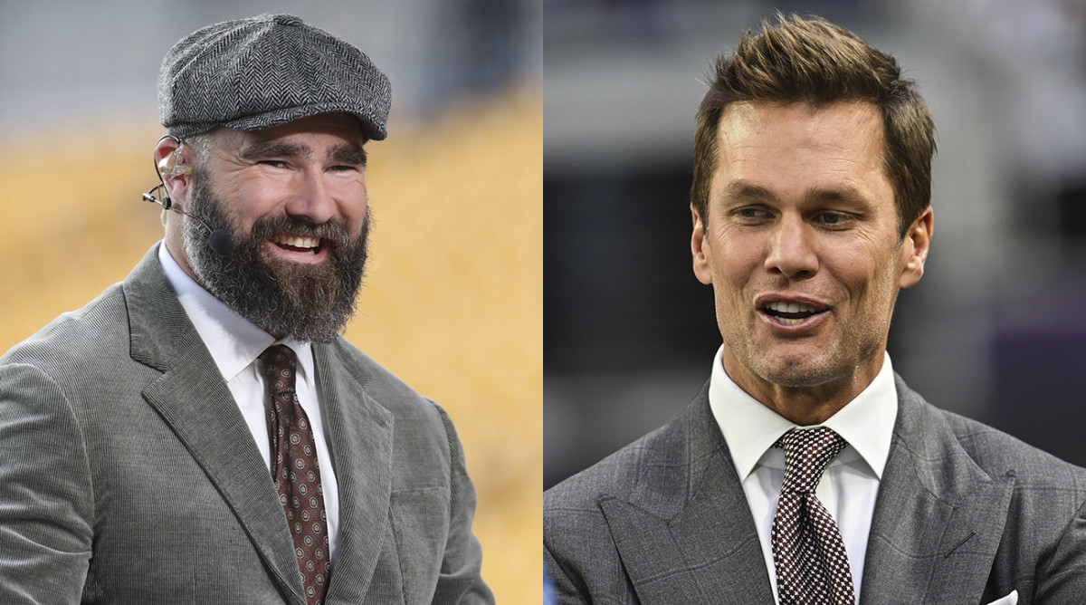 Retired NFL players-turned-broadcasters Jason Kelce and Tom Brady