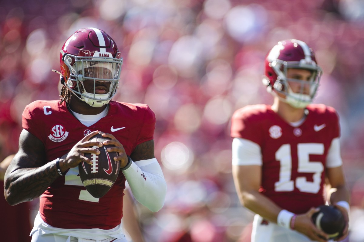 Alabama Crimson Tide quarterbacks Jalen Milroe, Ty Simpson