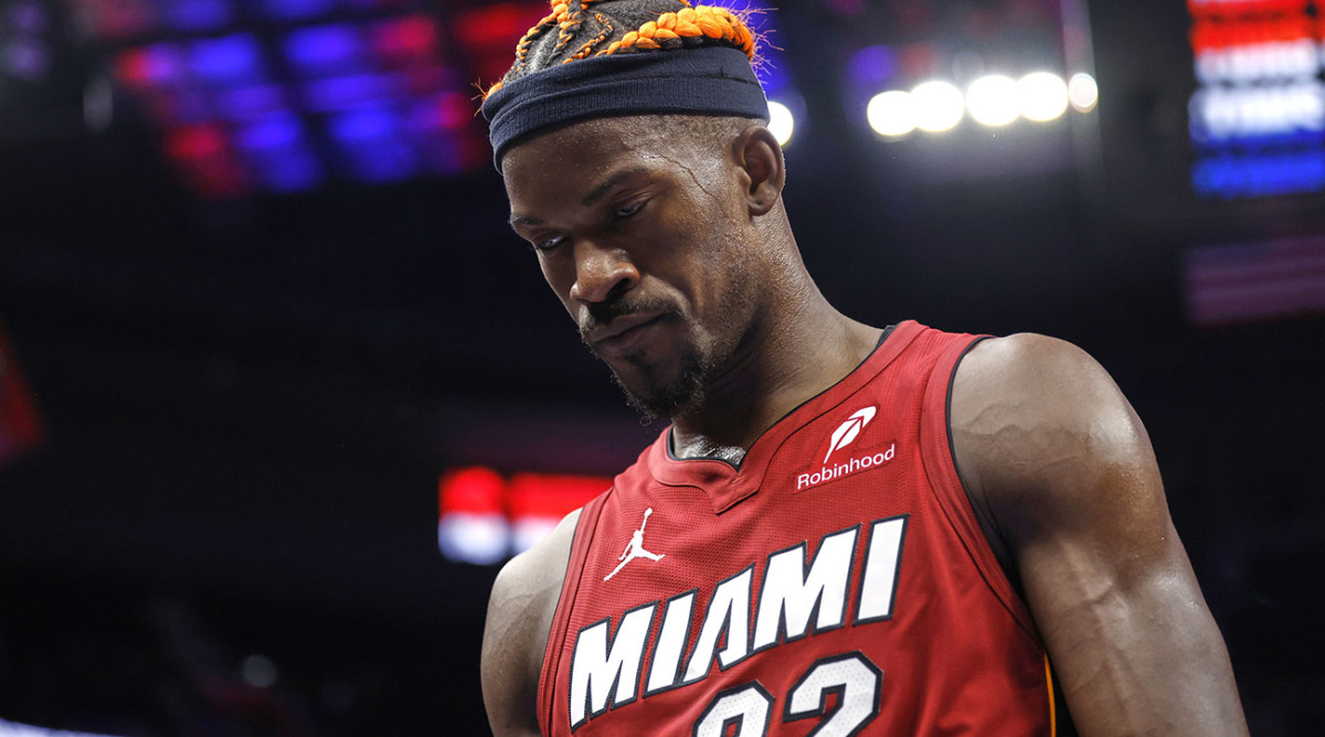 Miami Heat forward Jimmy Butler walks off the court after his team’s game against the Detroit Pistons at Little Caesars Arena on Dec. 16, 2024.