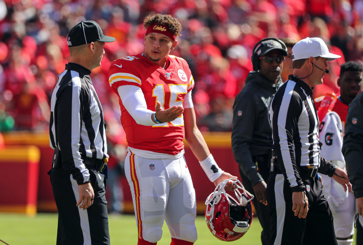 Oct 13, 2019; Kansas City, MO, USA; Kansas City Chiefs quarterback Patrick Mahomes (15) talks with officials after throwing an interception against the Houston Texans during the first half at Arrowhead Stadium. Mandatory Credit: Jay Biggerstaff-Imagn Images  