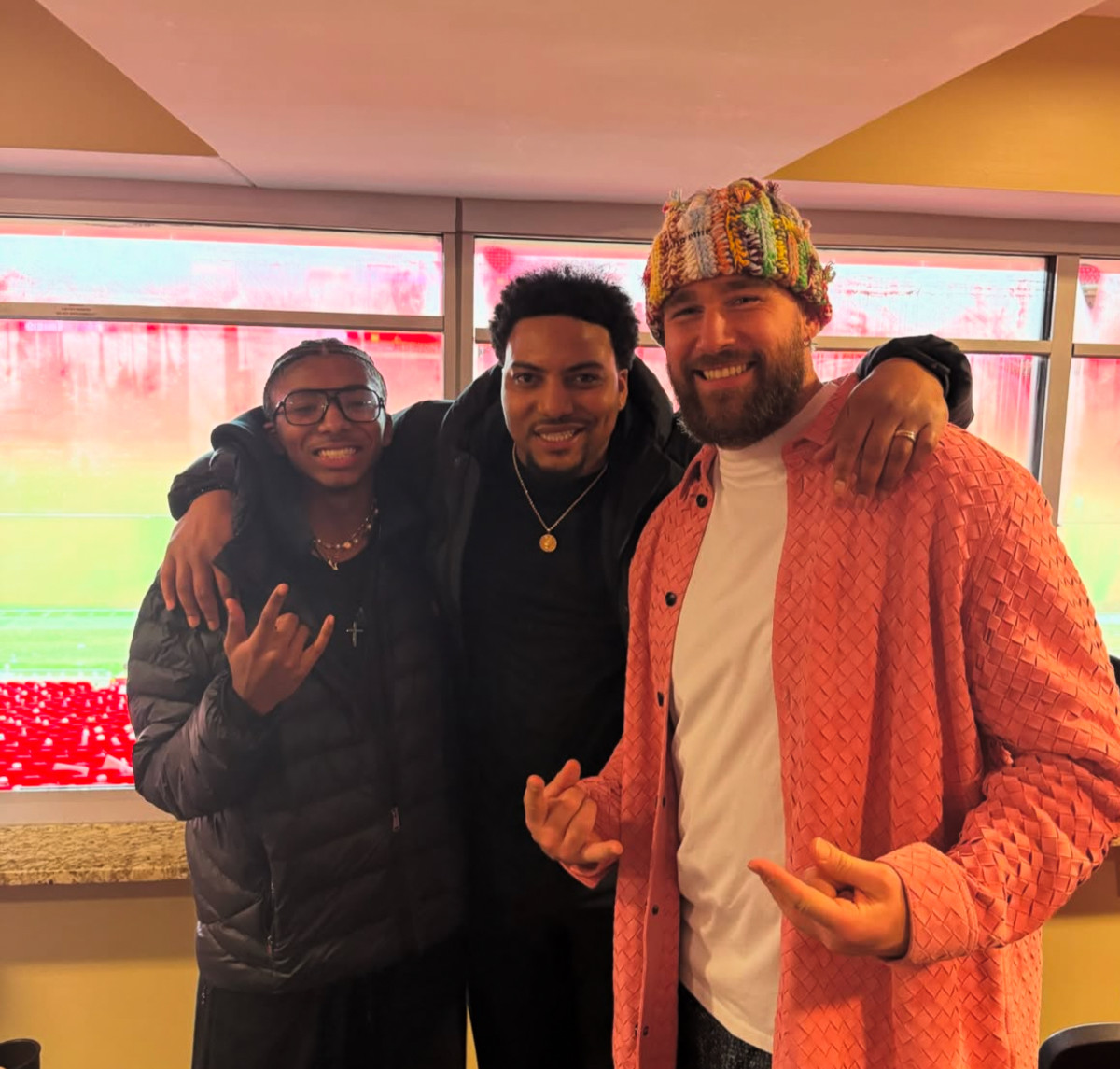 Chiefs tight end Travis Kelce with his close friends at Arrowhead Stadium on Jan. 18, 2025.