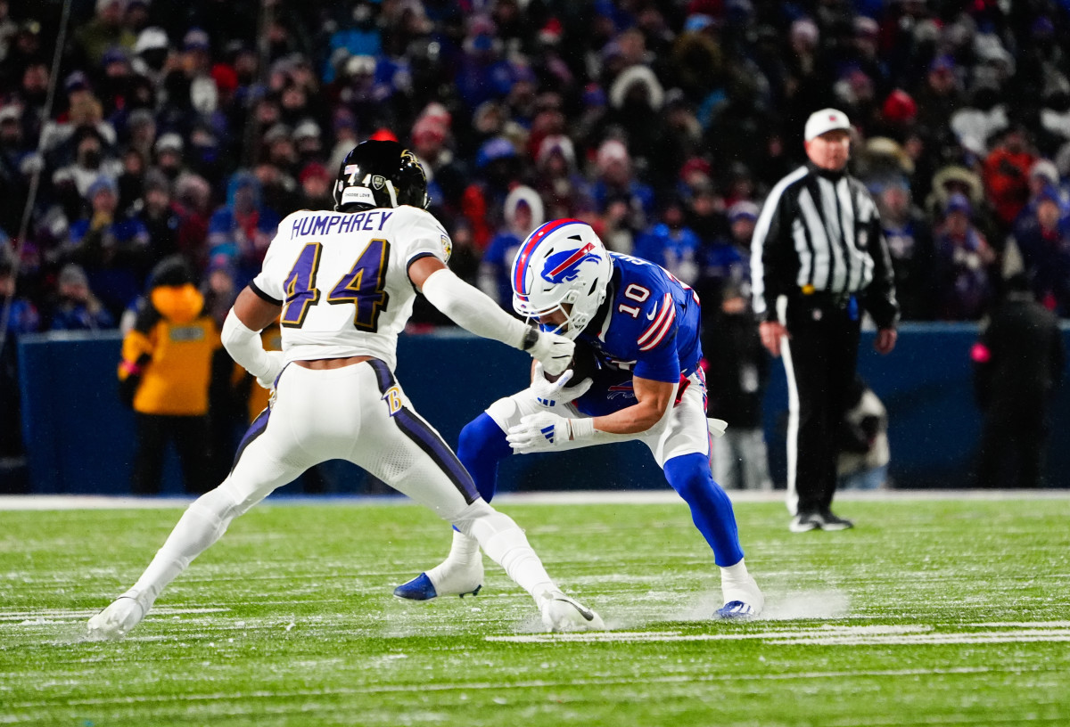 Baltimore Ravens cornerback Marlon Humphrey and Buffalo Bills wide receiver Khalil Shakir