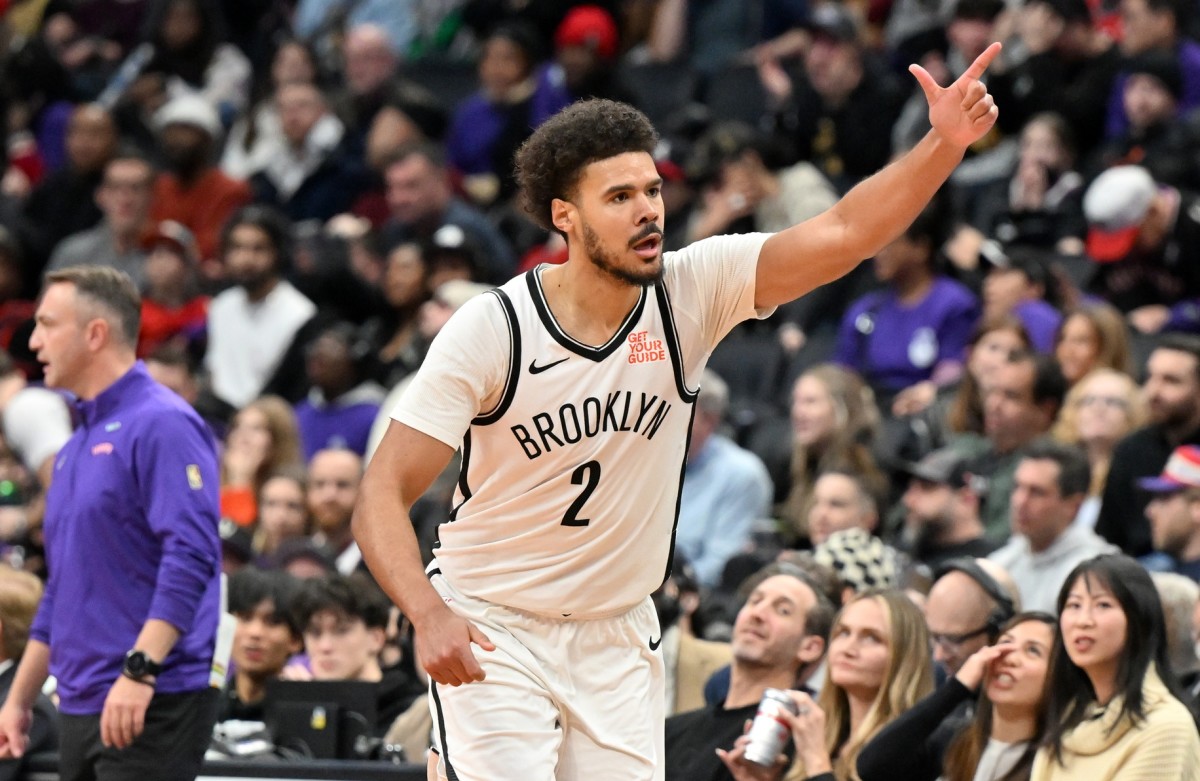 Brooklyn Nets forward Cam Johnson reacts after making a 3-pointer against the Toronto Raptors at Scotiabank Arena on Dec. 19, 2024.