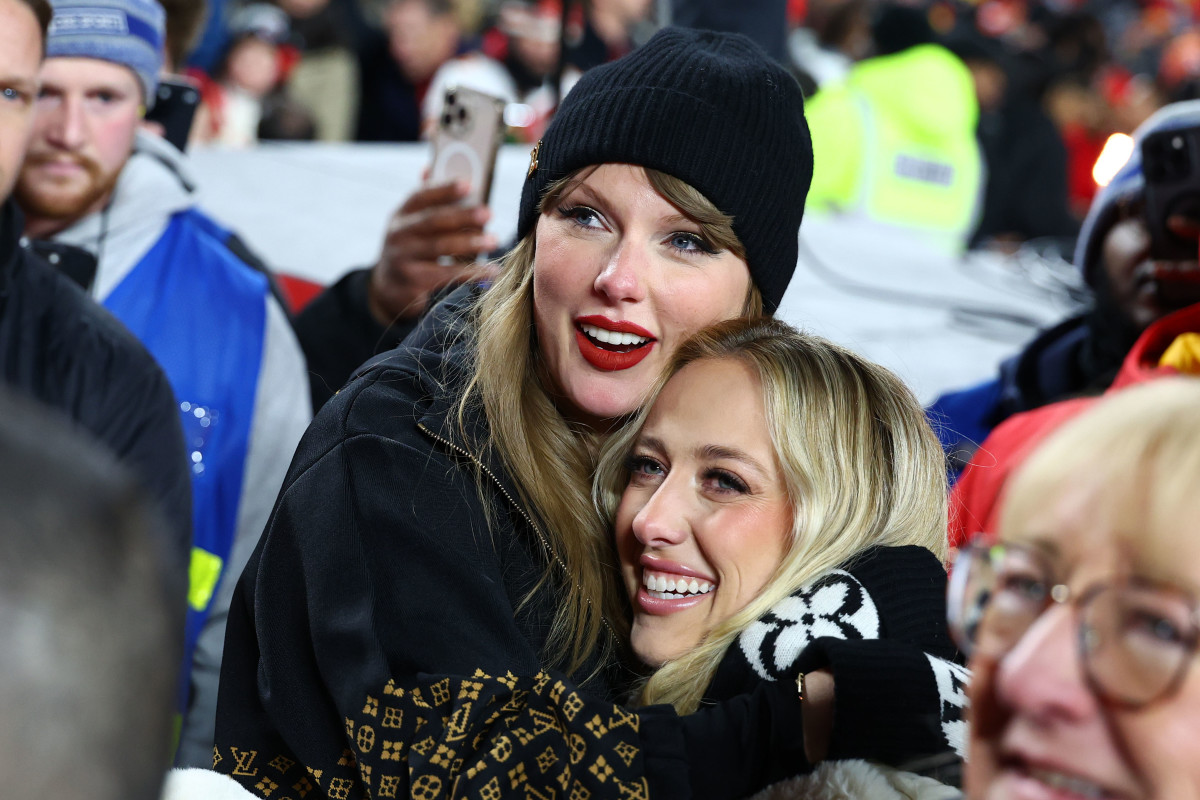 Jan 26, 2025; Kansas City, MO, USA; Recording artist Taylor Swift and Brittany Mahomes react after the AFC Championship game against the Buffalo Bills at GEHA Field at Arrowhead Stadium. Mandatory Credit: Mark J. Rebilas-Imagn Images  