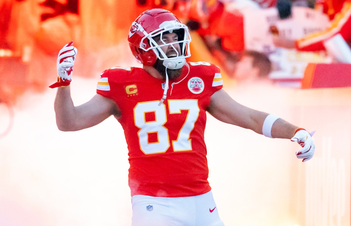 Kansas City Chiefs tight end Travis Kelce reacts against the Buffalo Bills during the AFC Championship game at Arrowhead Stadium.