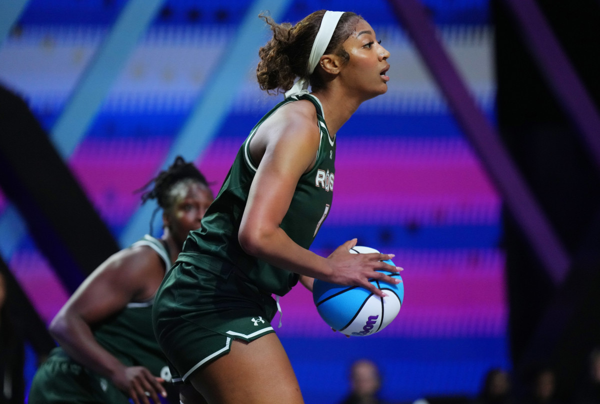 Angel Reese (5) of the Rose Basketball Club takes a shot against the Vinyl in the Unrivaled women’s professional basketball league.