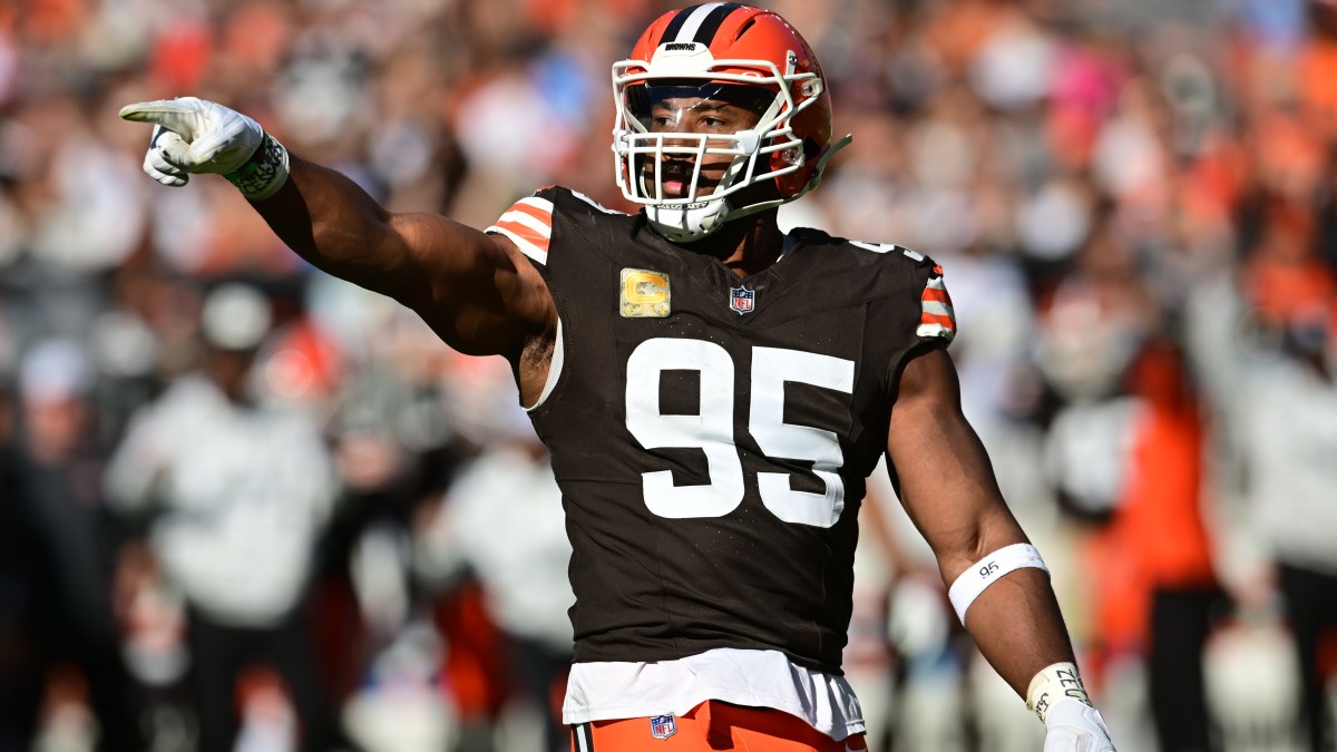 Cleveland Browns defensive end Myles Garrett (95) celebrates after a play during the first quarter against the Los Angeles Chargers.