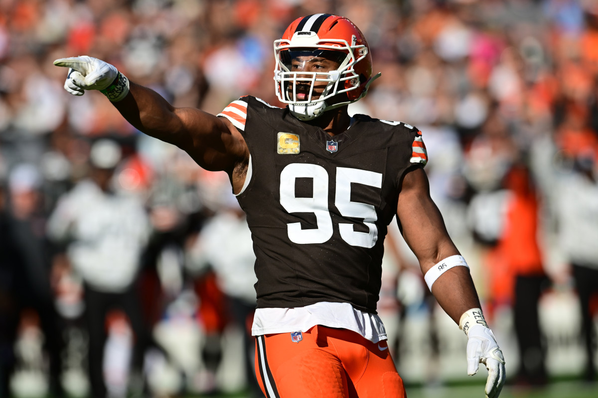 Cleveland Browns pass-rusher Myles Garrett celebrates after a play against the Los Angeles Chargers.