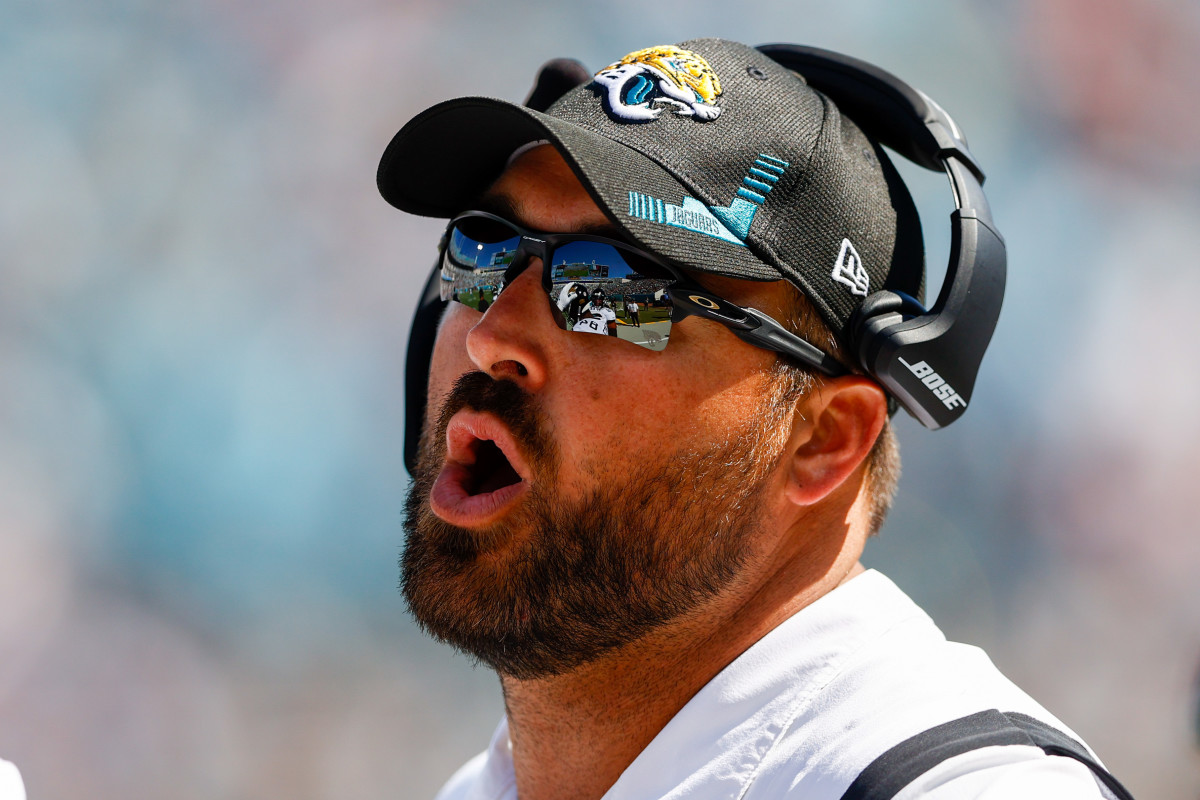 Sep 26, 2021; Jacksonville, Florida, USA; Jacksonville Jaguars tight ends coach Tyler Bowen looks on during the third quarter in a game against the Arizona Cardinals at TIAA Bank Field. Mandatory Credit: Nathan Ray Seebeck-Imagn Images