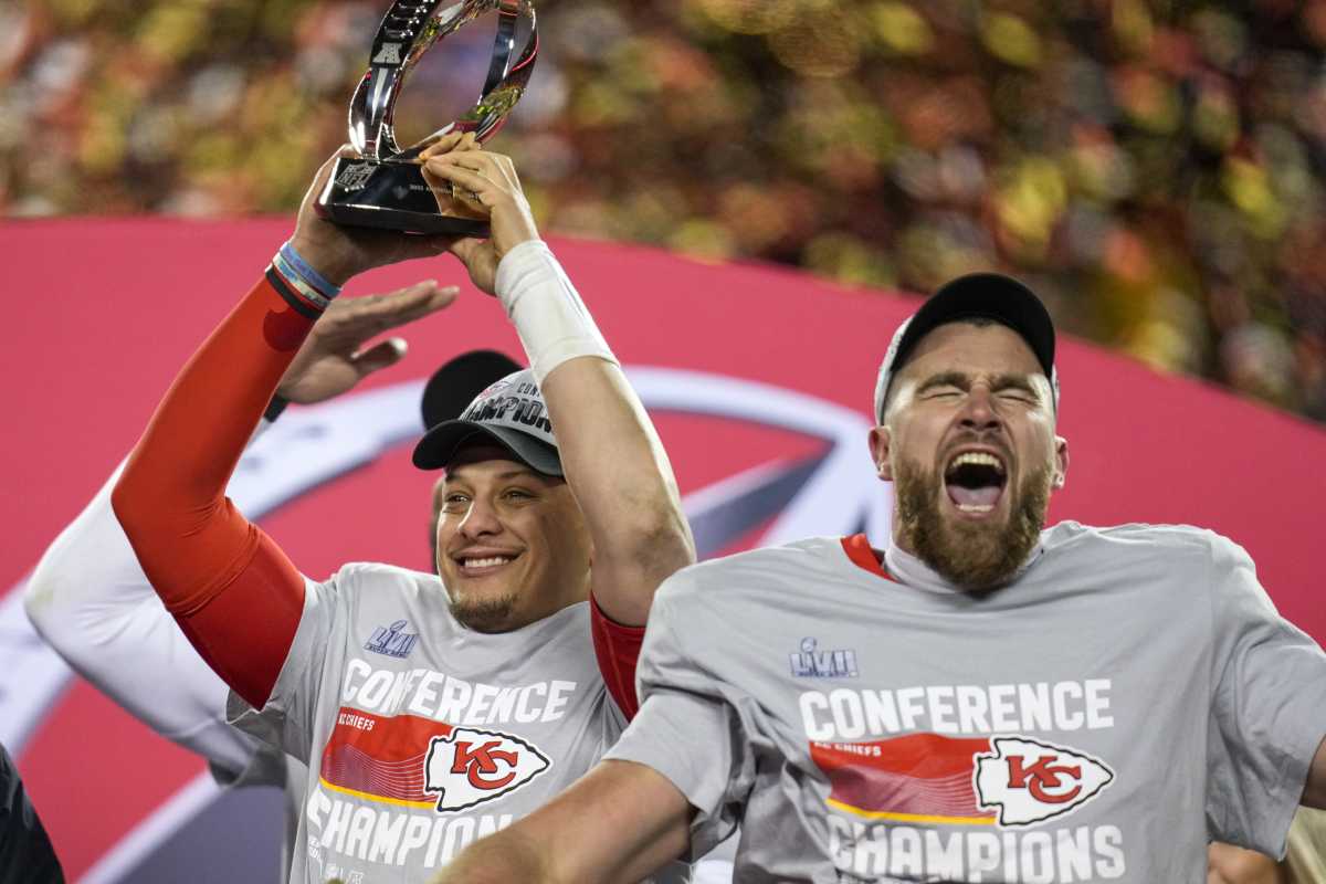 Chiefs quarterback Patrick Mahomes and tight end Travis Kelce after the 2025 AFC Championship Game.