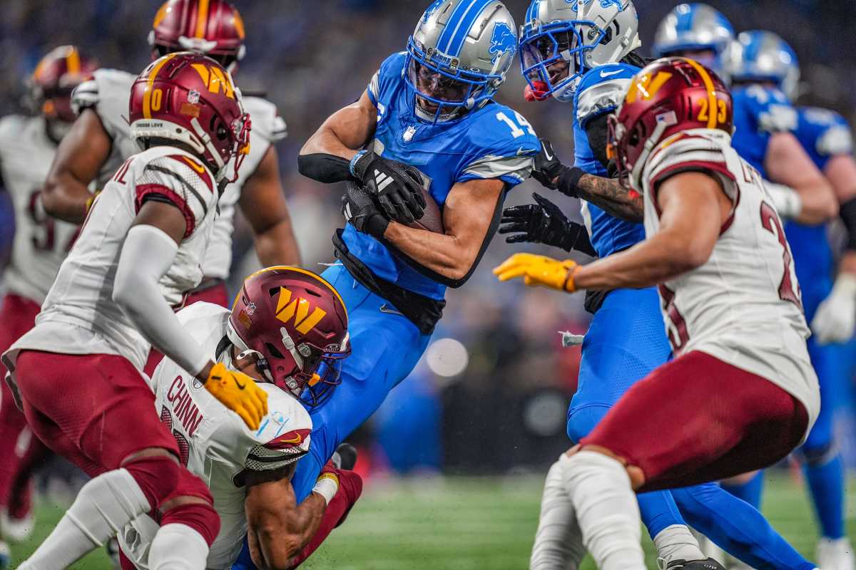 Amon-Ra St. Brown goes up against the Commanders at Ford Field.