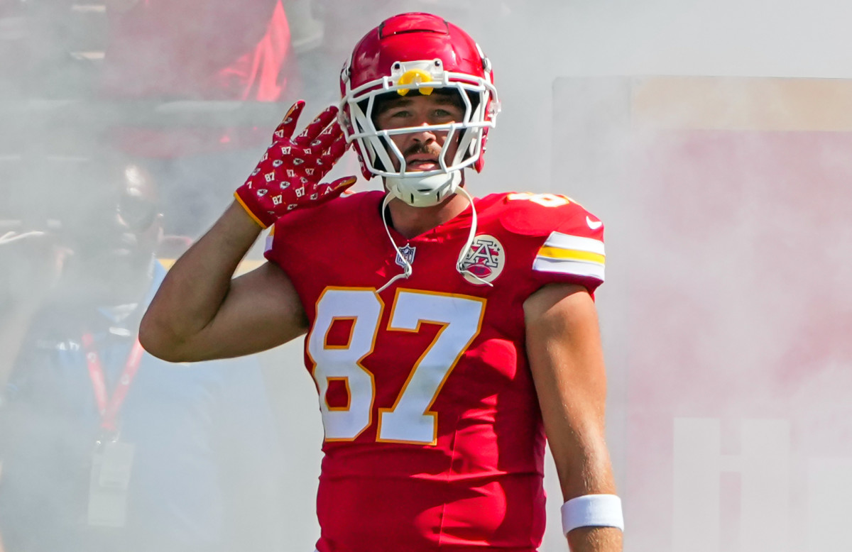 Kansas City Chiefs tight end Travis Kelce is introduced against the Cincinnati Bengals at Arrowhead Stadium.