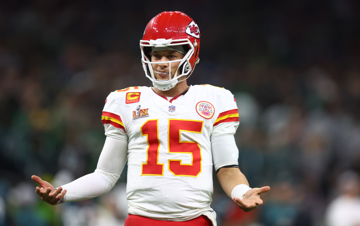 Kansas City Chiefs QB Patrick Mahomes reacts in the fourth quarter against the Philadelphia Eagles in Super Bowl LIX at Ceasars Superdome.