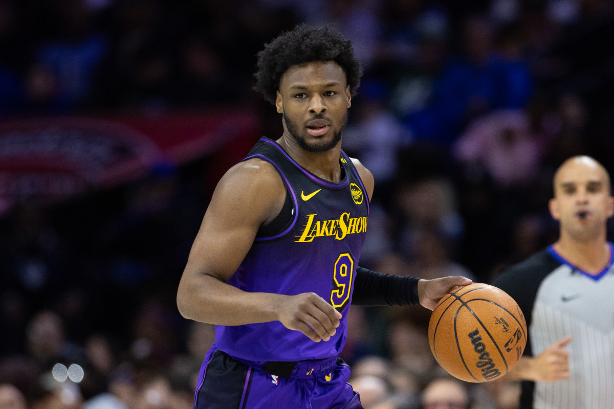 Los Angeles Lakers guard Bronny James (9) controls the ball against the Philadelphia 76ers at Wells Fargo Center.