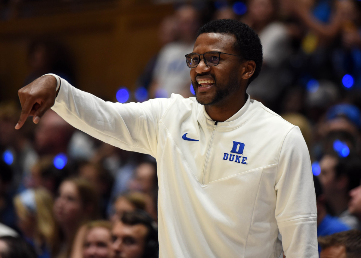 Oct 21, 2022; Durham, North Carolina, US; Duke Blue Devils assistant coach Jai Lucas during Countdown to Craziness at Cameron Indoor Stadium. Mandatory Credit: Rob Kinnan-Imagn Images  