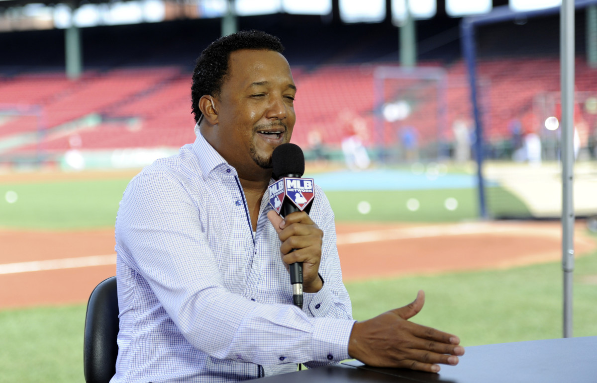 Boston Red Sox former pitcher Pedro Martinez talks on the MLB Network prior to a game against the Los Angeles Angels at Fenway Park.